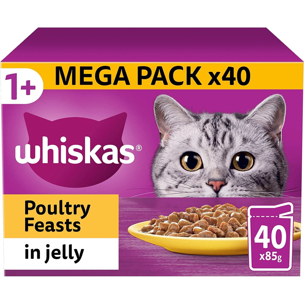 Whiskas 1 Plus Adult Poultry Selection In Jelly 40 Pouches, Adult Wet Cat Food, Megapack (40 X 85 G)