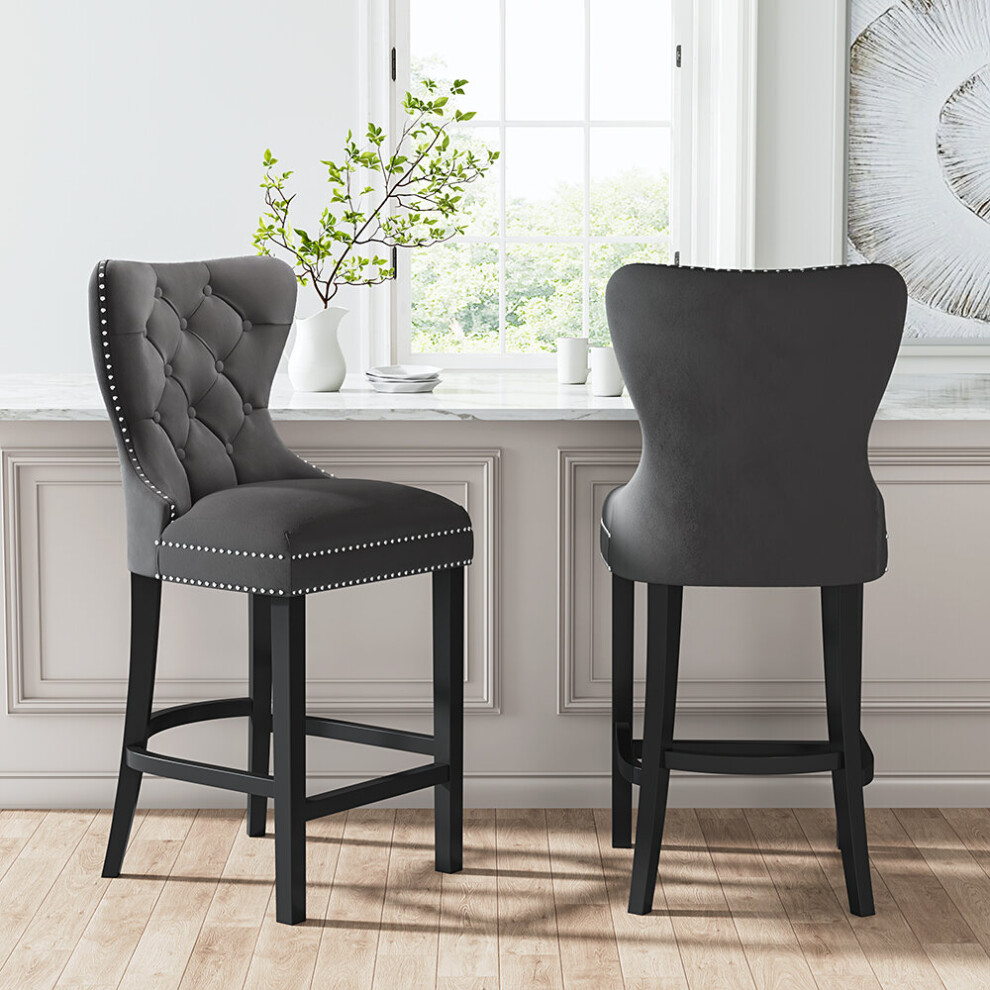 (Dark Grey) Button Studded Counter Seat Bar Stool Dining Chair