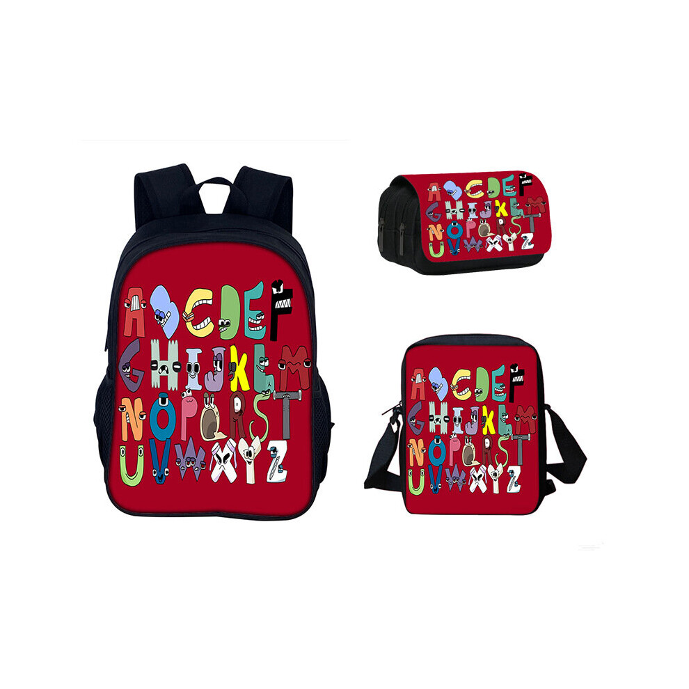 (Red) 3pcs Set Alphabet Lore Backpack Lunch Bag Pencil Case School Travel Gift  Student