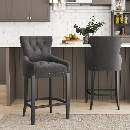 Living And Home (Dark Grey) Linen Fabric Tufted Fabric Bar Stool