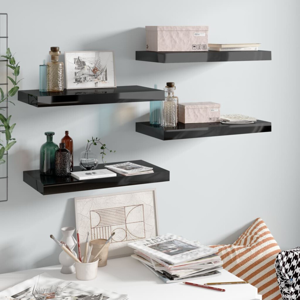 vidaXL 4x Floating Wall Shelves High Gloss Black 50x23x3.8 cm MDF Bookcase