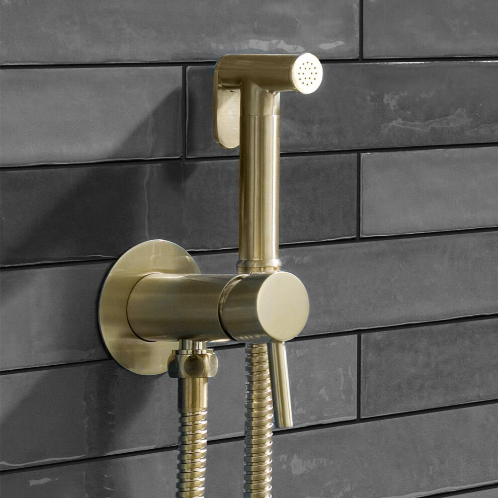 Modern Round Brushed Brass Bidet Douche Kit With Shut Off Valve And Hose 7427042699697