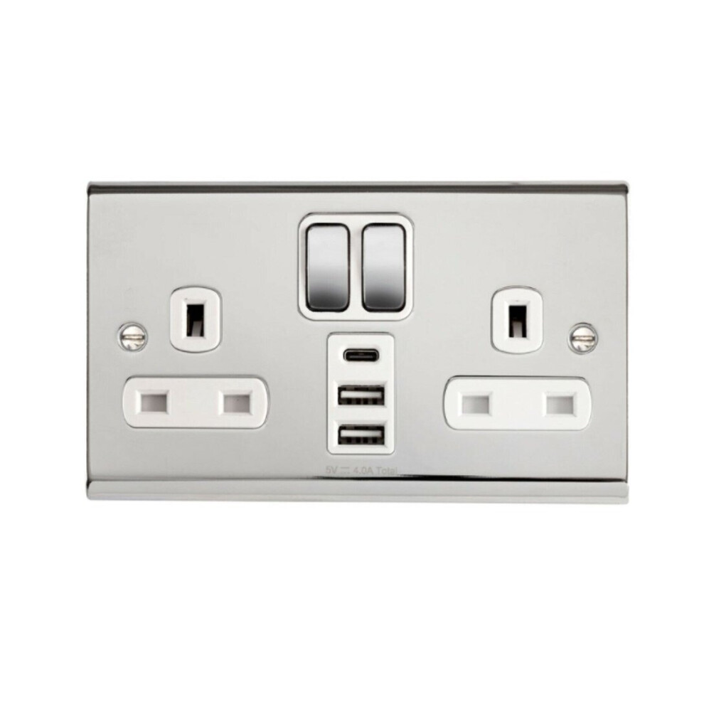 Deta SD1288CHW Slimline Twin 13 Amp Double Pole Switch Socket c/w 2 x USB & 1 x USB-C (Polished Chrome/White Insert)