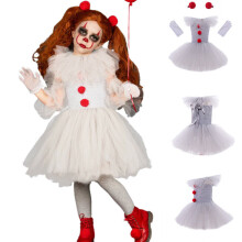 (7-8 Years) Pennywise Costume Kids Girls, Halloween Clown IT Cosplay Tutu Dresses With Gloves And Red Hairpin, Children Fancy Dress Clothing For Carnival Party Ho