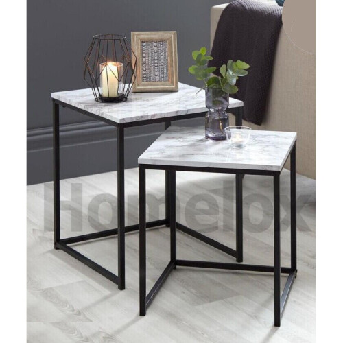 New Loft Range Modern Set Of 2 Marble Effect Nest Of Table With Metal