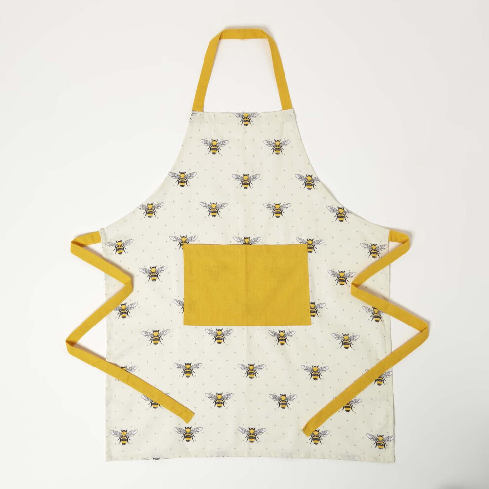 Homescapes Honey Bee 100% Cotton Kitchen Apron With Pocket Yellow