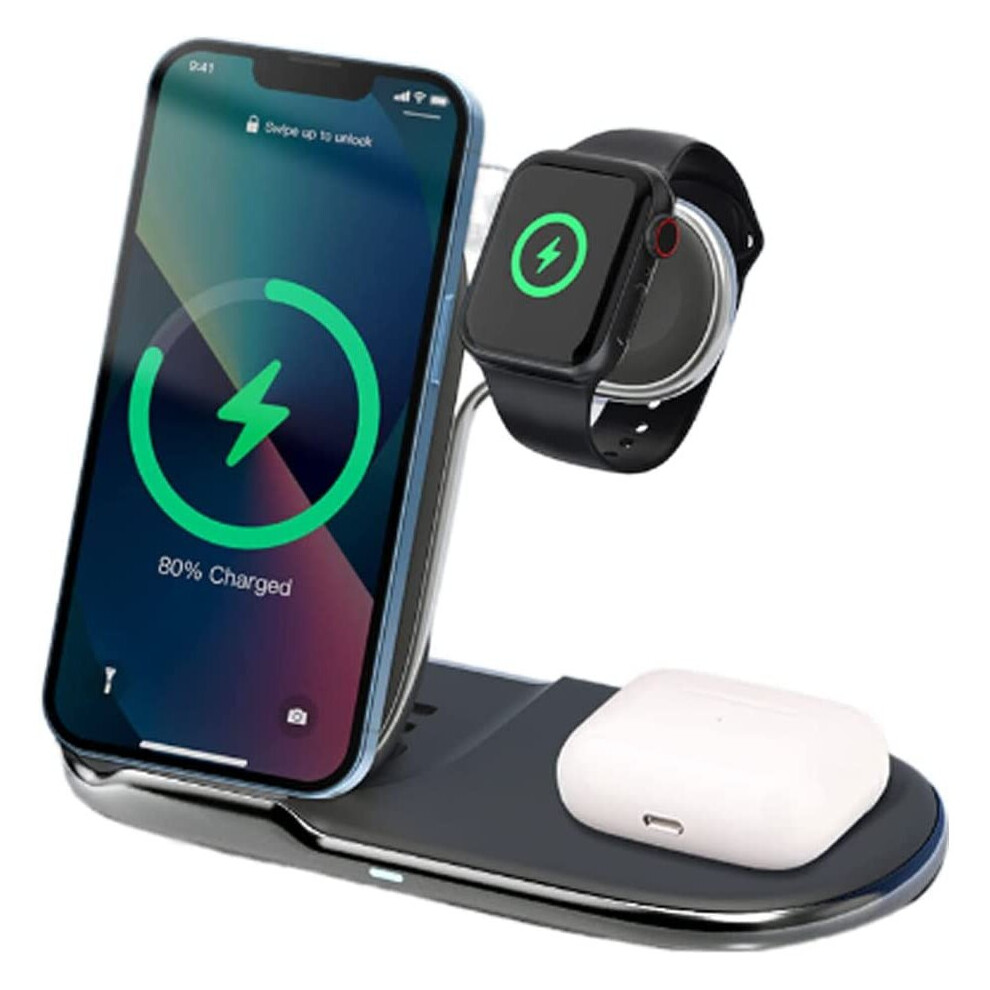 Techgear 3 In1 Wireless Travel Charger Station, 15W Fast Wireless Folding Charging Dock Stand For Iphone 14/13/12/11, Air Pods, Apple Watch, Samsung Etc