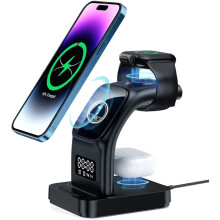5 in1 Wireless Charging Station Alarm Clock & Light, 15W Fast Wireless Mag-Safe Magnetic Charging Dock Stand for iPhone, Air Pods etc