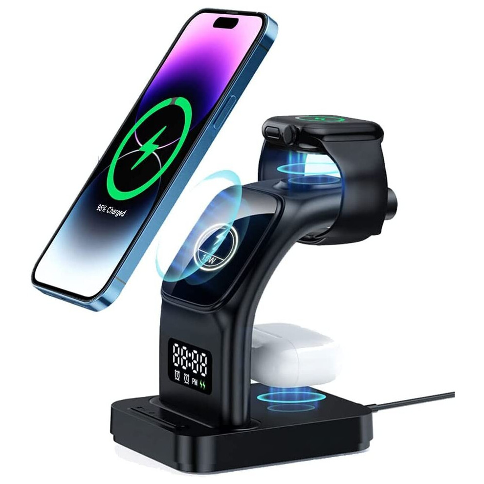 Techgear 5 In1 Wireless Charging Station Alarm Clock & 15W Fast Wireless Mag-Safe Magnetic Charging Dock Stand For Iphone, Air Pods Etc Light