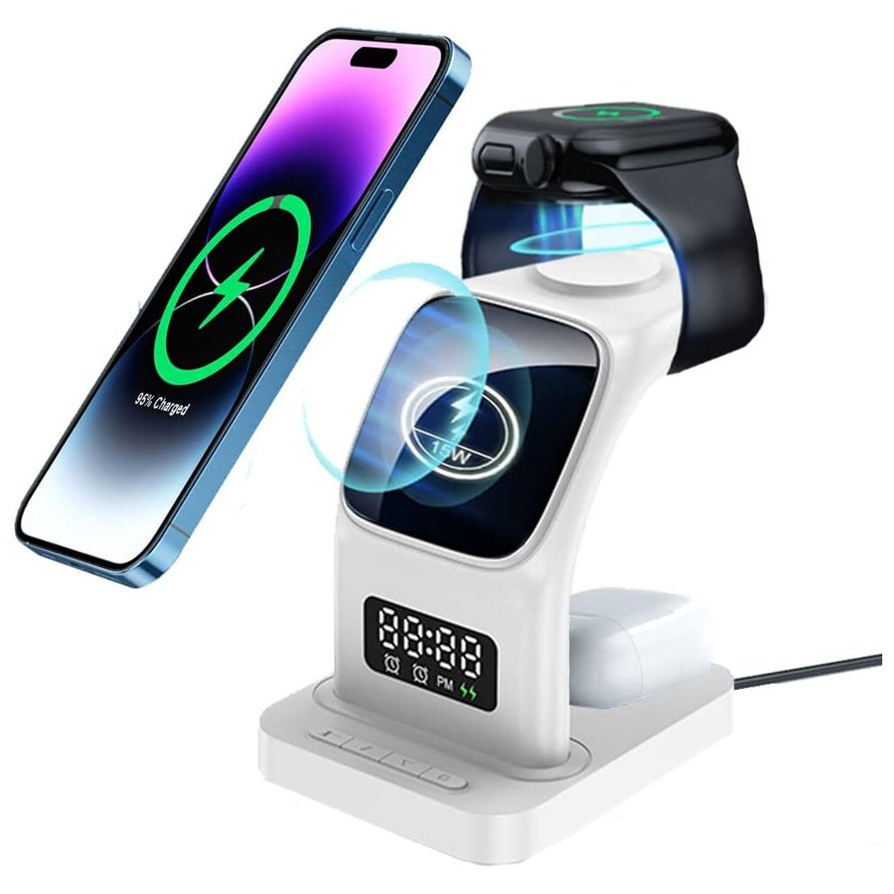 Techgear 5 In1 Wireless Charging Station Alarm Clock & 15W Fast Wireless Mag-Safe Magnetic Charging Dock Stand For Iphone, Air Pods Etc Light