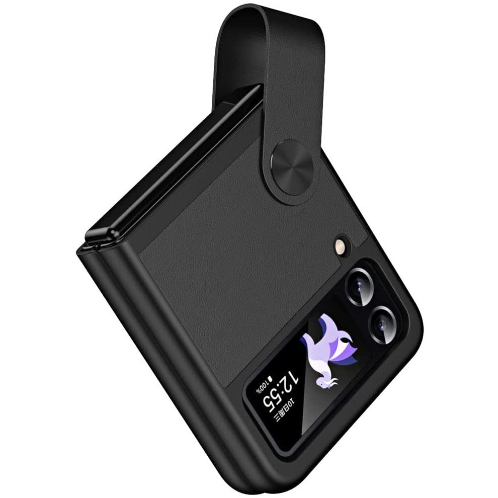 Techgear Samsung Galaxy Z Flip 4 / Flip 3 Case, Z Flip 4/3 Leather Case With Leather Finger Holder, Hard Pc Shockproof Protective Bumper Case