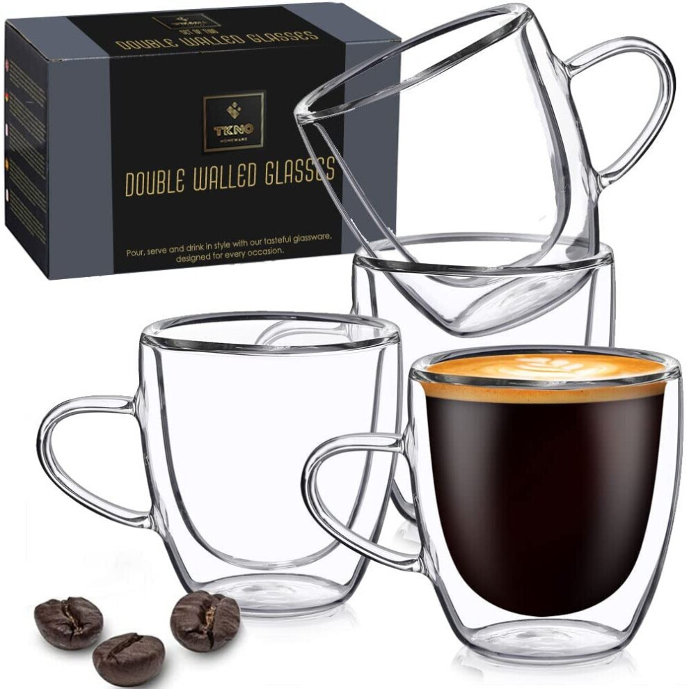 Double Walled Espresso Mug Cups with Handle, Set of 4 Hollow Insulated Vacuum Sealed Espresso Glasses, Microwave Safe Drinking Glasses, 90ml Cup