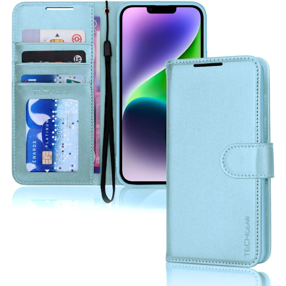 TECHGEAR iPhone 14 Leather Wallet Case, Flip Protective Case Cover with Wallet Card Holder, Stand and Wrist Strap - PU Leather with Magnetic Closure