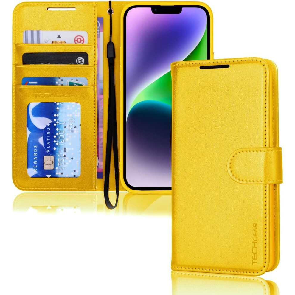 TECHGEAR iPhone 14 Leather Wallet Case, Flip Protective Case Cover with Wallet Card Holder, Stand and Wrist Strap - PU Leather with Magnetic Closure