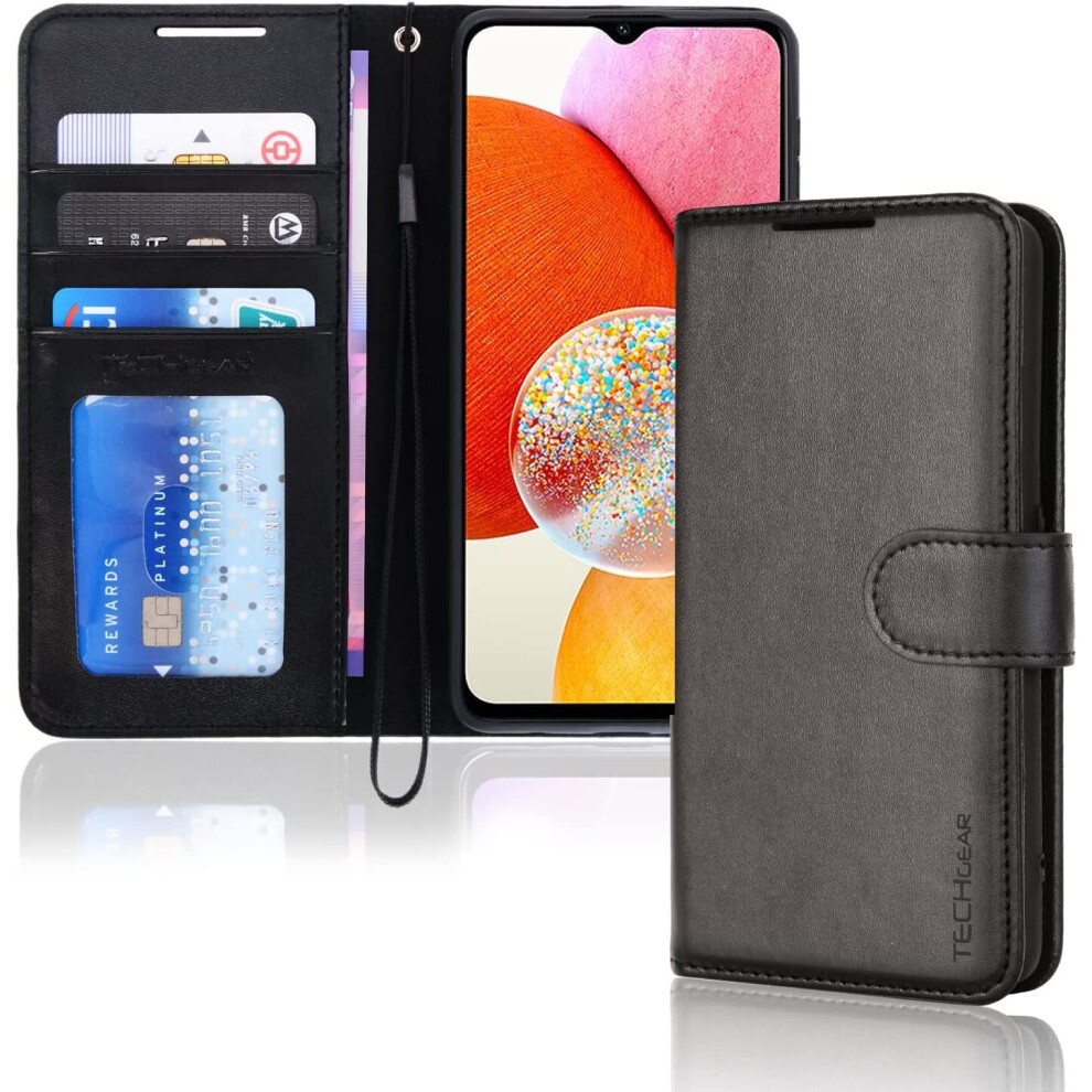 TECHGEAR Galaxy A14 5G Leather Wallet Case, Flip Protective Cover with Wallet Card Holder, Stand and Wrist Strap - PU Leather with Magnetic Closure