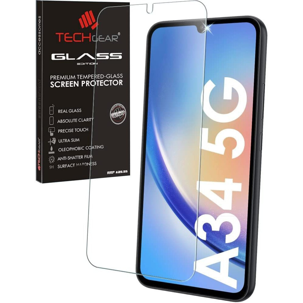 Techgear Glass For Samsung Galaxy A34 5G, Tempered Glass Screen Protector Cover [9H Hardness] [Crystal Clarity] [Scratch-Resistant] [No-Bubble]