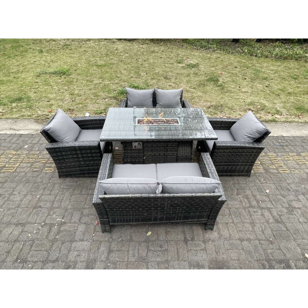 Fimous Rattan Outdoor Furniture Gas Fire Pit Rectangle Dining Table Gas Heater Chairs Love Sofa