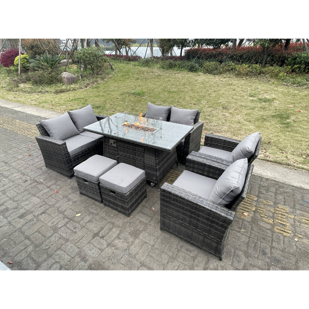 Fimous Rattan Outdoor Furniture Gas Fire Pit Rectangle Dining Table Gas Heater 8 Seater