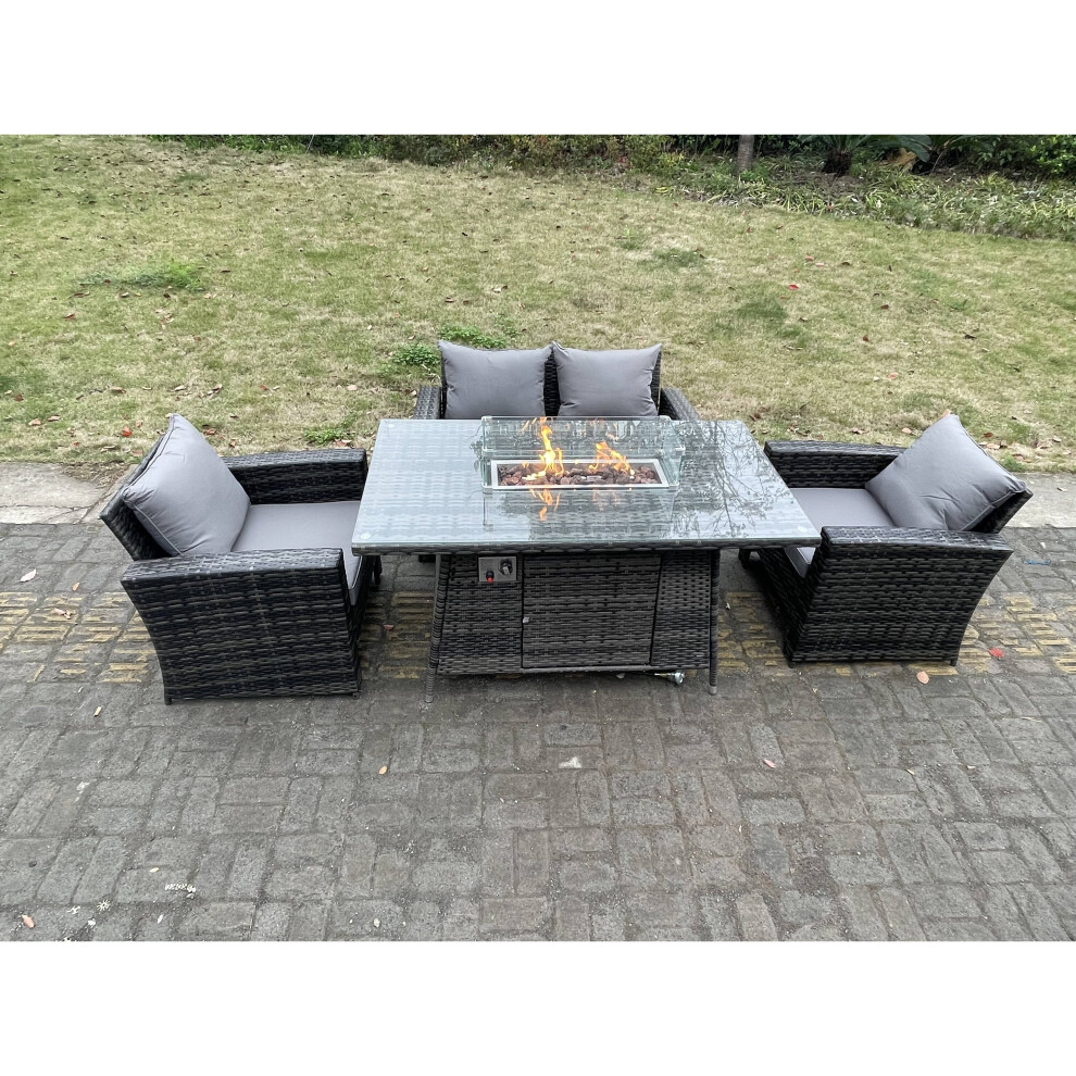 Fimous Rattan Outdoor Furniture Gas Fire Pit Rectangle Dining Table  Chairs Love Sofa Sets 4 Seater