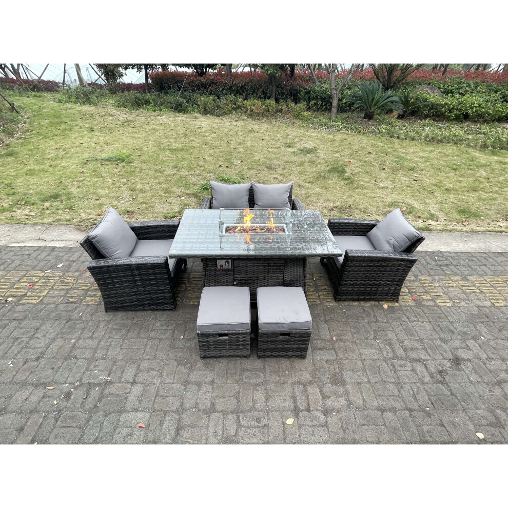 Fimous Rattan Outdoor Furniture Gas Fire Pit Rectangle Dining Table Gas Heater 6 Seater