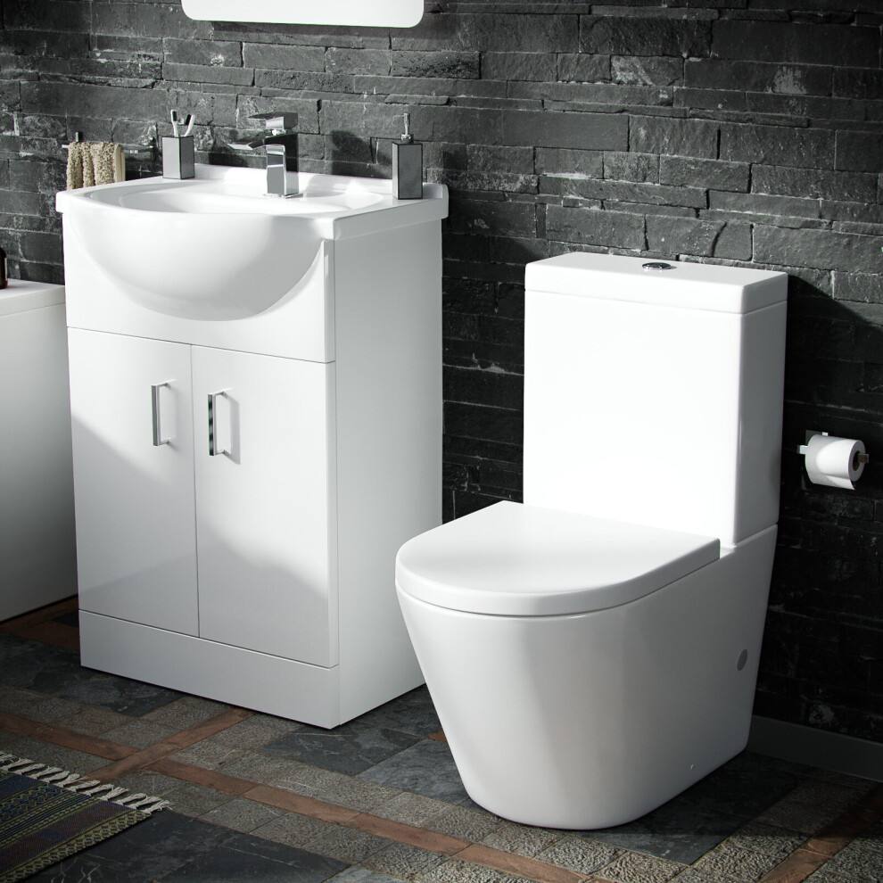 Nes Home Dyon 550Mm Floorstanding Vanity Basin Unit Close Coupled Wc Rimless Toilet White