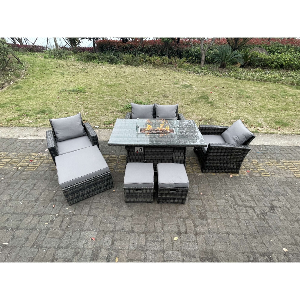 Fimous Rattan Outdoor Furniture Gas Fire Pit Rectangle Dining Table 7 Seater
