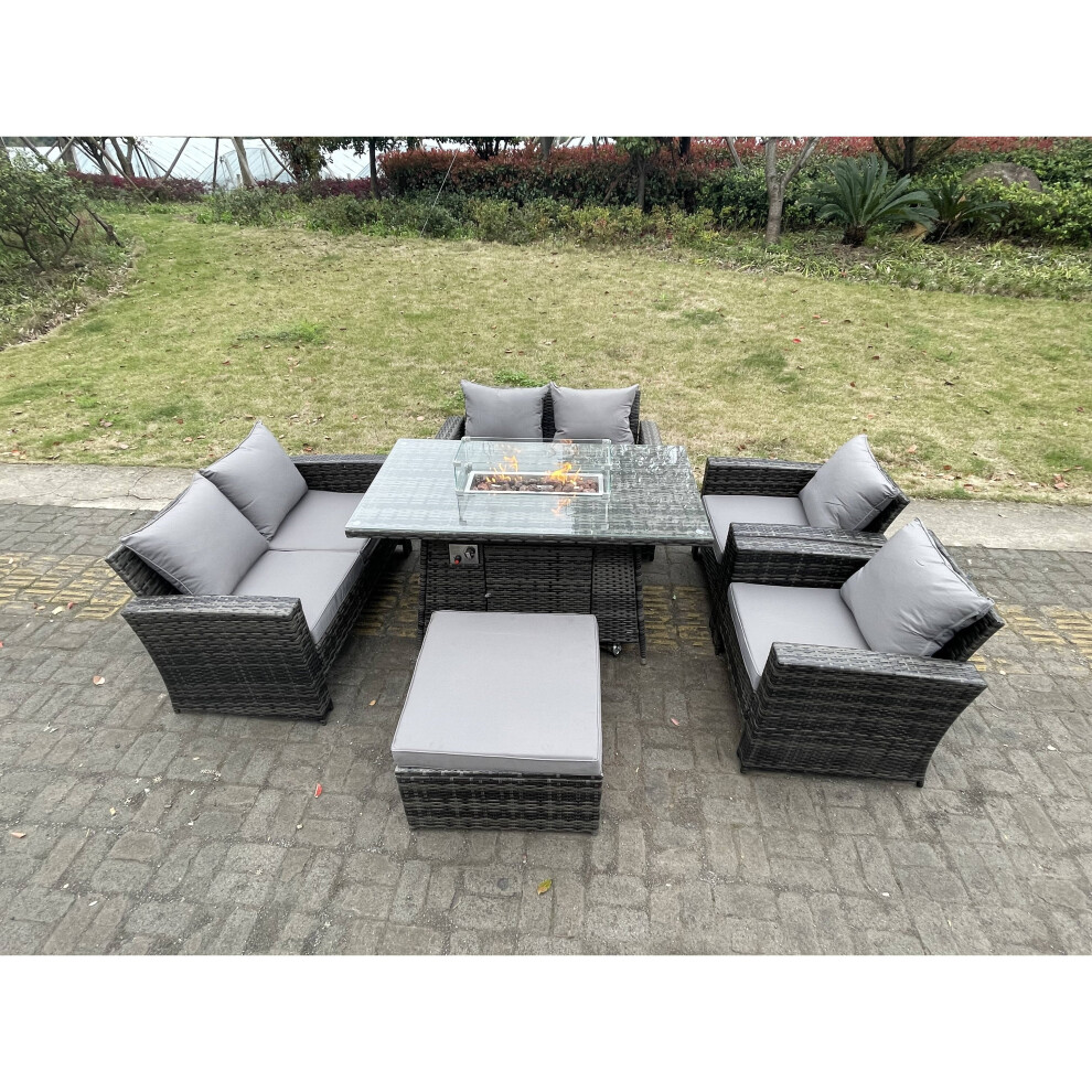Fimous Rattan Outdoor Furniture Gas Fire Pit Rectangle Dining Table Gas Heater Chairs 7 Seater