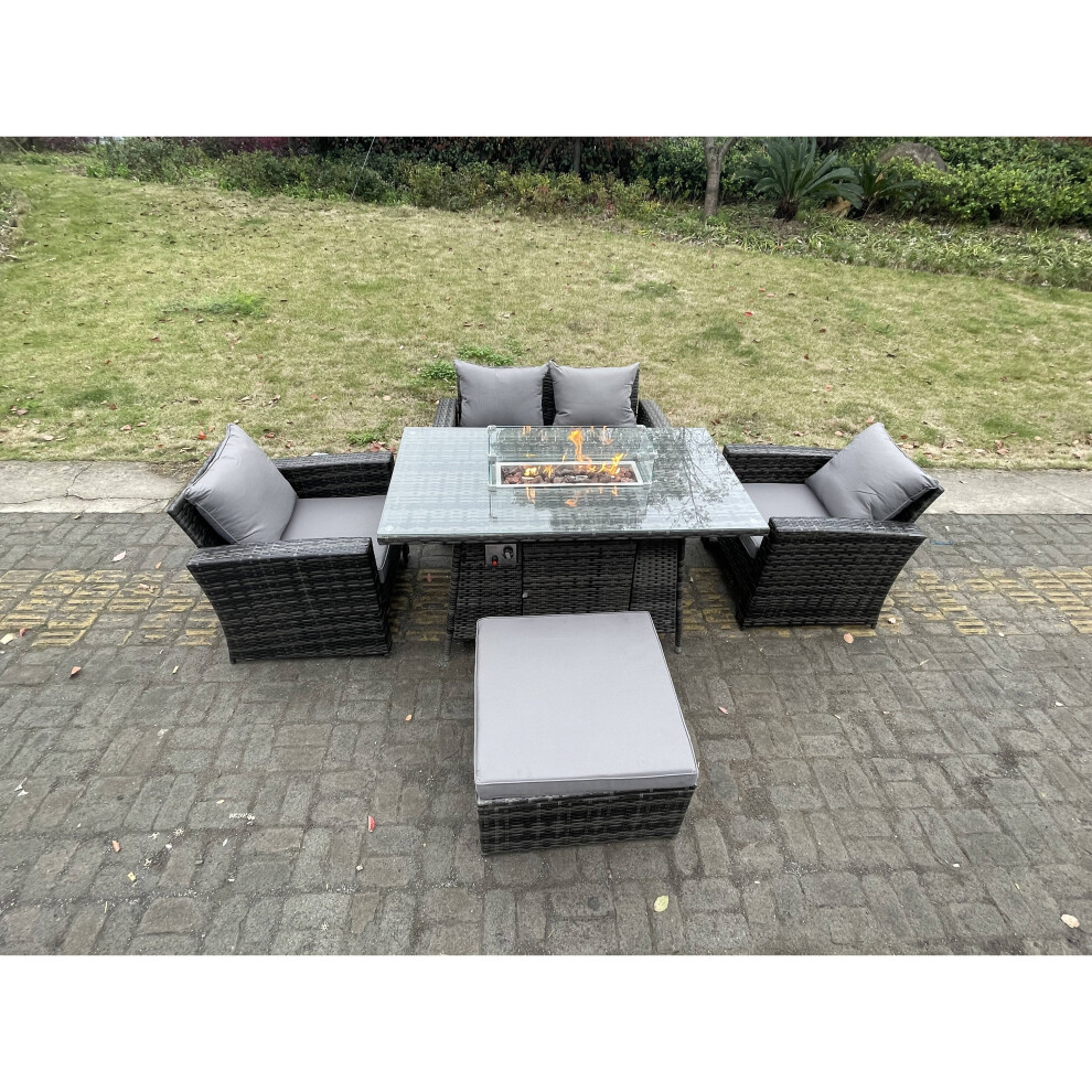 Fimous Rattan Outdoor Furniture Gas Fire Pit Rectangle Dining Table Gas Heater Chairs 5 Seater