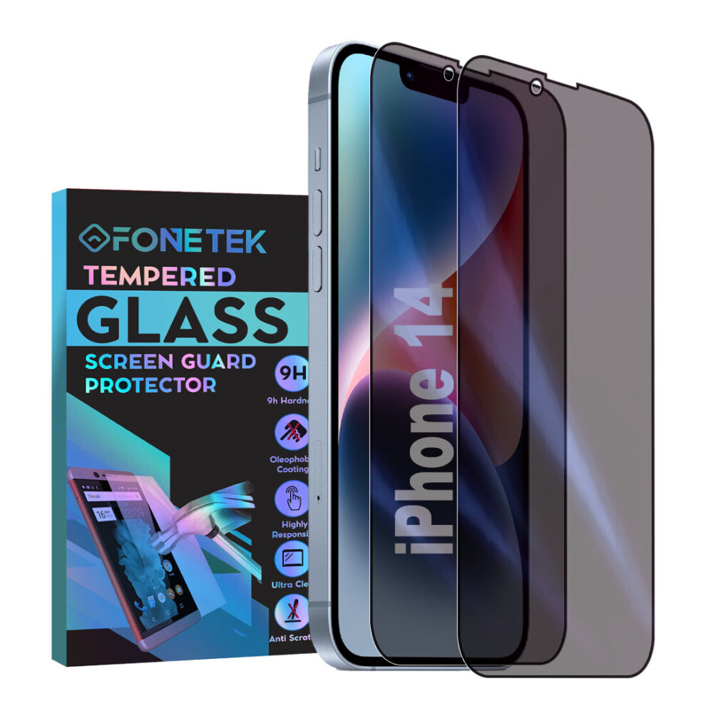 Fonetek, PACK OF 2, for Apple iPhone 14, Anti-Spy Privacy TEMPERED GLASS Screen Protector LCD Guard Case Cover