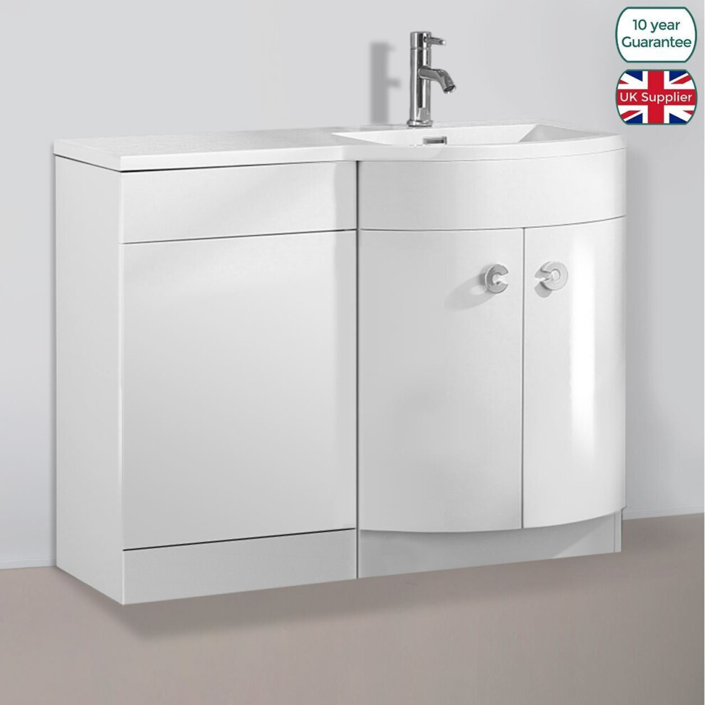Dene Bathroom 1100 mm D Shape White Basin Vanity Wc Unit Cabinet Right Hand