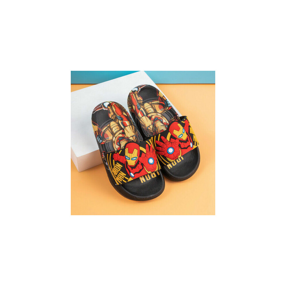 (Iron man black, UK 9-10Kids) Boys Soft Sliders Slippers Summer Kids Pool Beach Shower Slip on Shoes Size