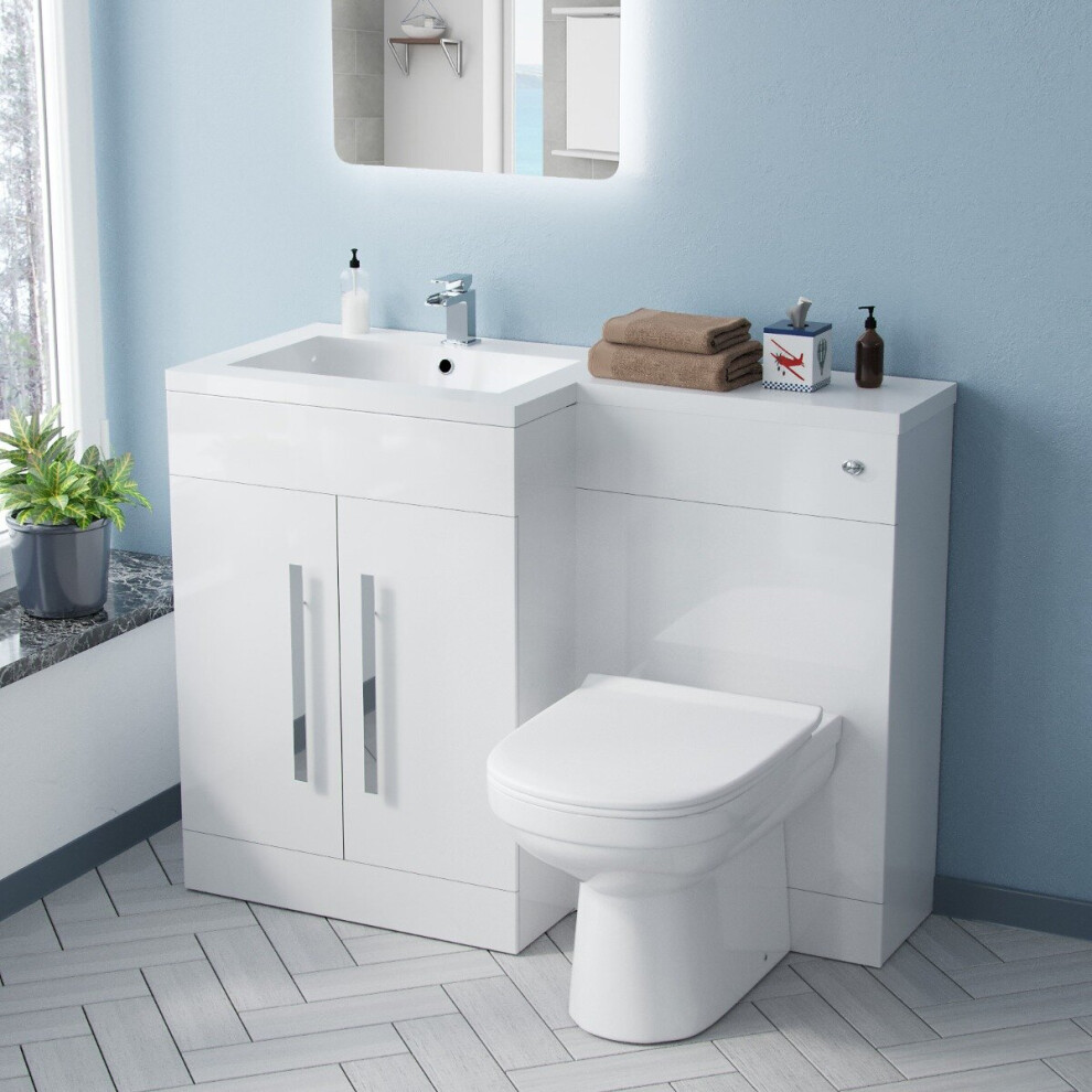 1100mm Left Hand Basin White Vanity Cabinet and WC BTW Toilet | Aubery
