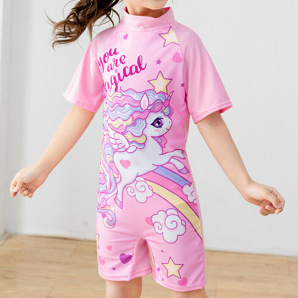 (#4 Pink Unicorn, L(5-6 Years)) Girls One Piece Swimsuit Surf Suit Cartoon Print Swimwear Kids Swimming Costume