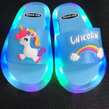 (Blue 1, 34-35(Insole 19.5CM)) Childrens Boys Girls Slippers Cartoon Unicorn Animals Prints Shoes Lighted