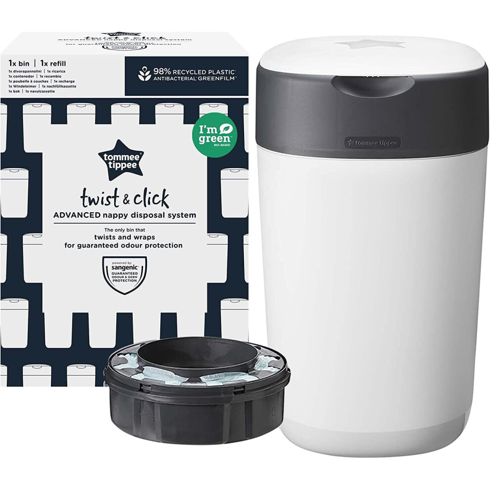 Tommee Tippee Twist and Click Advanced Nappy Bin Eco-Friendlier System Includes 1x Refill Cassette with Sustainably Sourced Antibacterial GREENFILM