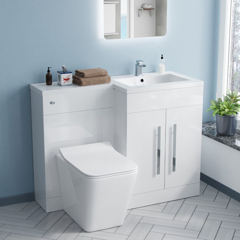 Elora RH 1100 mm L-Shape White Basin Vanity Unit WC BTW Rimless Toilet