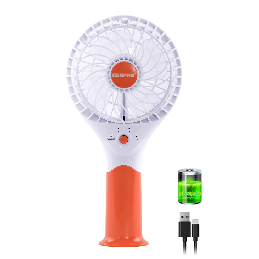 Geepas Rechargeable Mini Fan Personal Portable Fan with 3 Speed, Quiet Electric USB Travel Fan- Orange