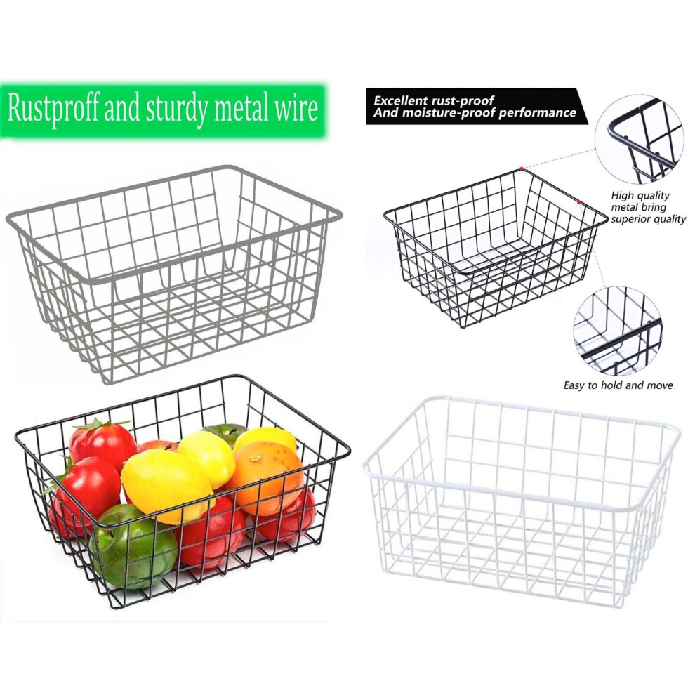 (GREY, LARGE) Storage Basket Metal Wire Organizer Pantry Cabinet Freezer Rack Bathroom Kitchen