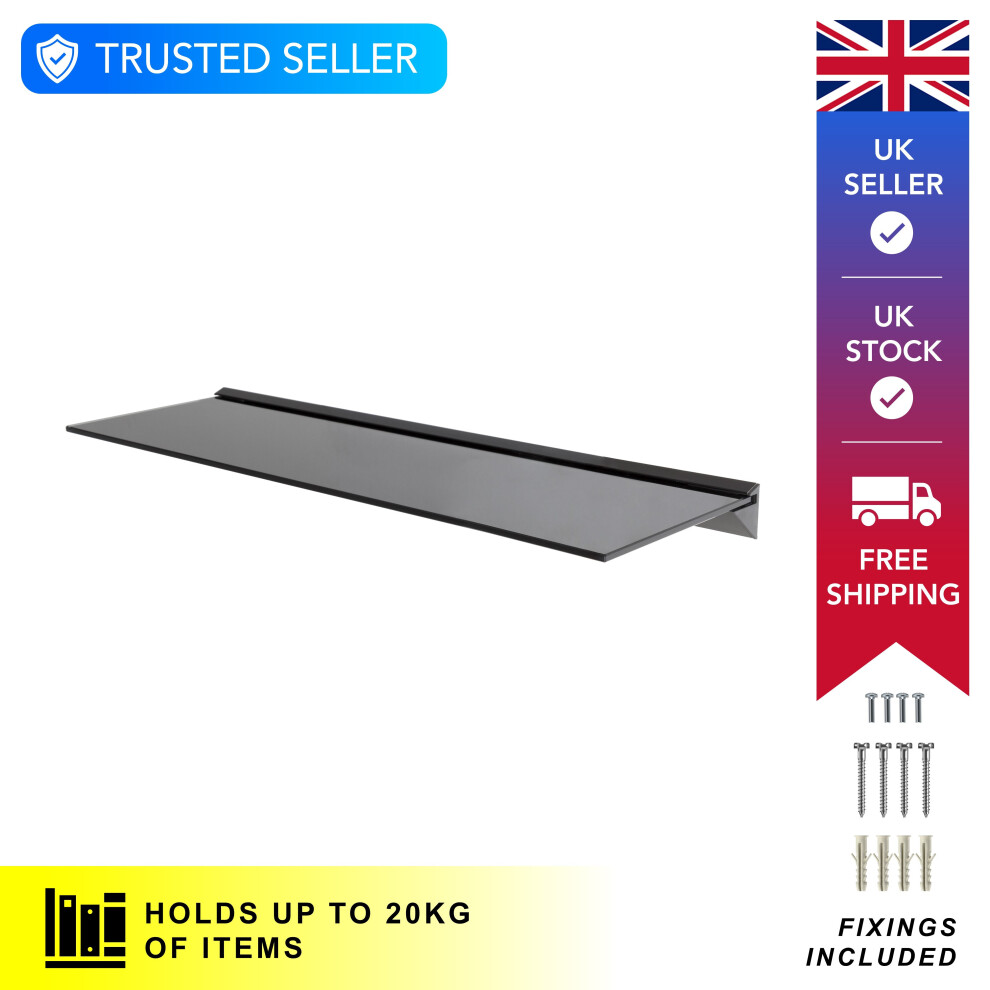 Single Black Tempered Safety Glass Floating Shelf x 1, 80cm Width, Max 20kg per shelf, Home Acc's, Decor in Kitchens, Bathrooms, Living Rooms etc