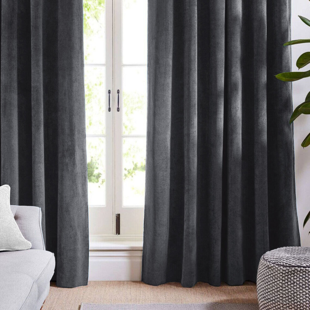 (Charcoal, 90" x 90" (228cm x 228cm)) Velvet Curtain Pair Eyelet Ring Top Curtains with Tiebacks