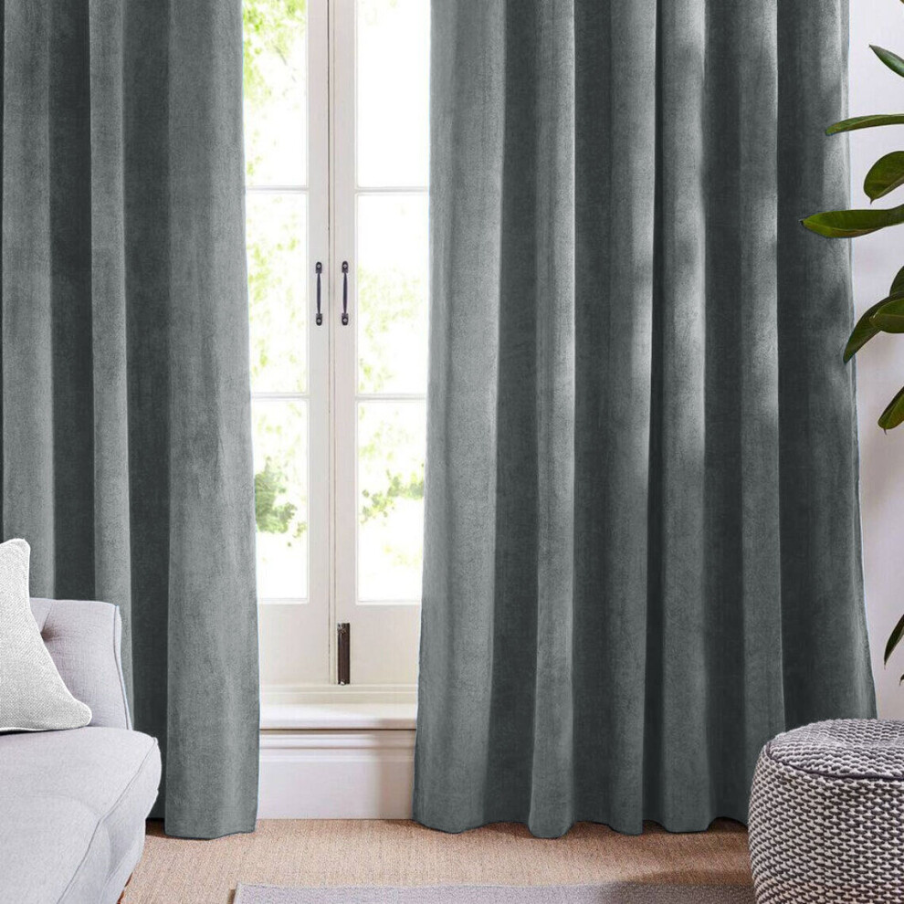 (Grey, 90" x 90" (228cm x 228cm)) Velvet Curtain Pair Eyelet Ring Top Curtains with Tiebacks