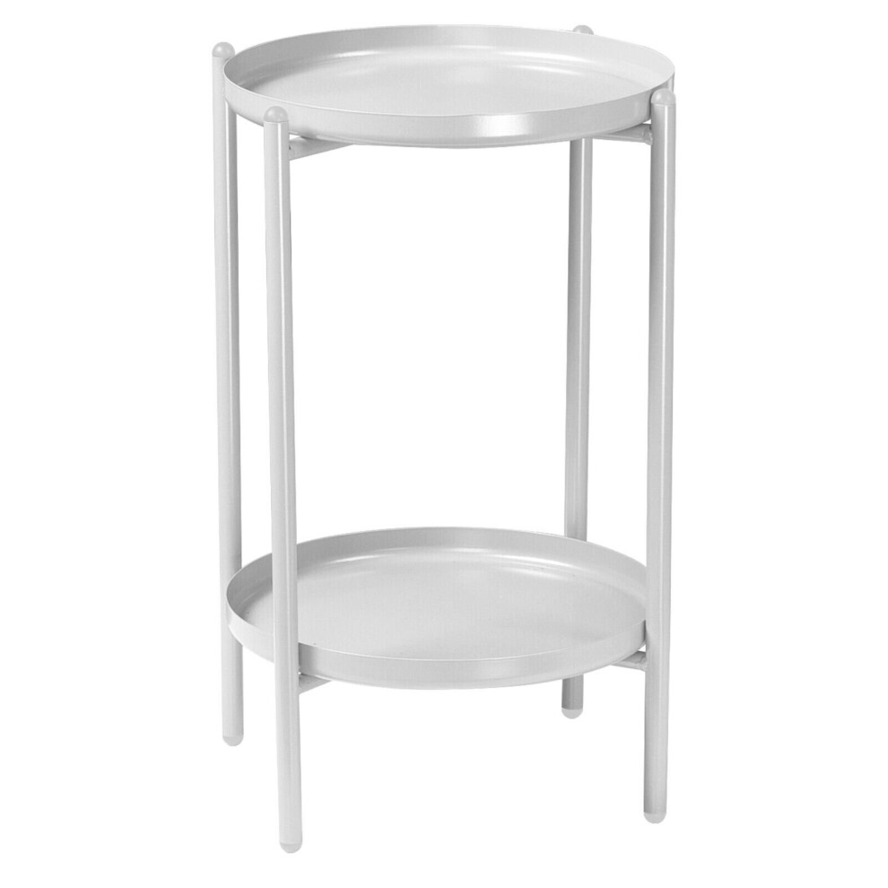 (White) 50cm 2-Tier Round Metal Side End Table Living Room With Shelf Bedside Nightstand