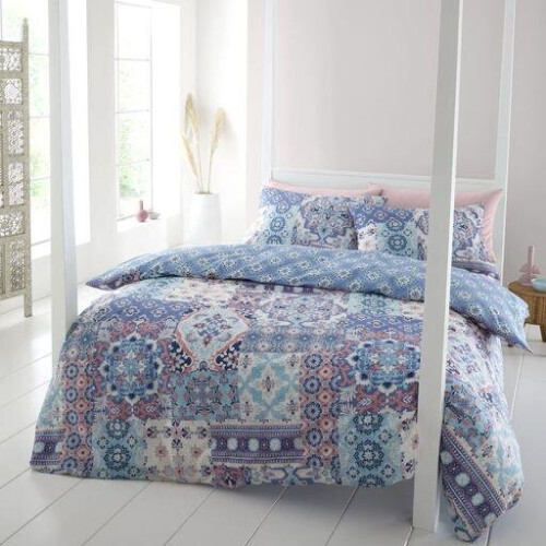 Catherine Lansfield (King) Catherine Lansfield Boho Patchwork Reversible Duvet Cover Set Bedding Blue