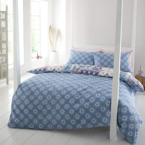 Catherine Lansfield (King) Catherine Lansfield Boho Patchwork Reversible Duvet Cover Set Bedding Blue 1