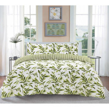 (Double) Ellie Green Watercolour Leaves Duvet Cover Set Striped Reverse Fully Reversible Bedding