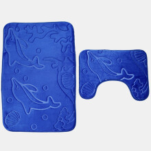 (Blue) 2pcs 3D Dolphin Flannel Toilet Lid Bath Rugs Soft Floor Home Anti Slip Shower Carpets Bathroom Mat Set