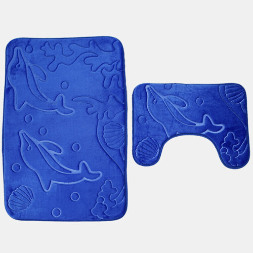 (Blue) 2pcs 3D Dolphin Flannel Toilet Lid Bath Rugs Soft Floor Home Anti Slip Shower Carpets Bathroom Mat Set