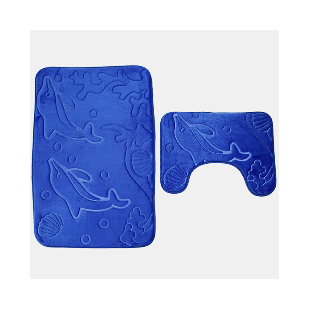 (Blue) 2pcs 3D Dolphin Flannel Toilet Lid Bath Rugs Soft Floor Home Anti Slip Shower Carpets Bathroom Mat Set