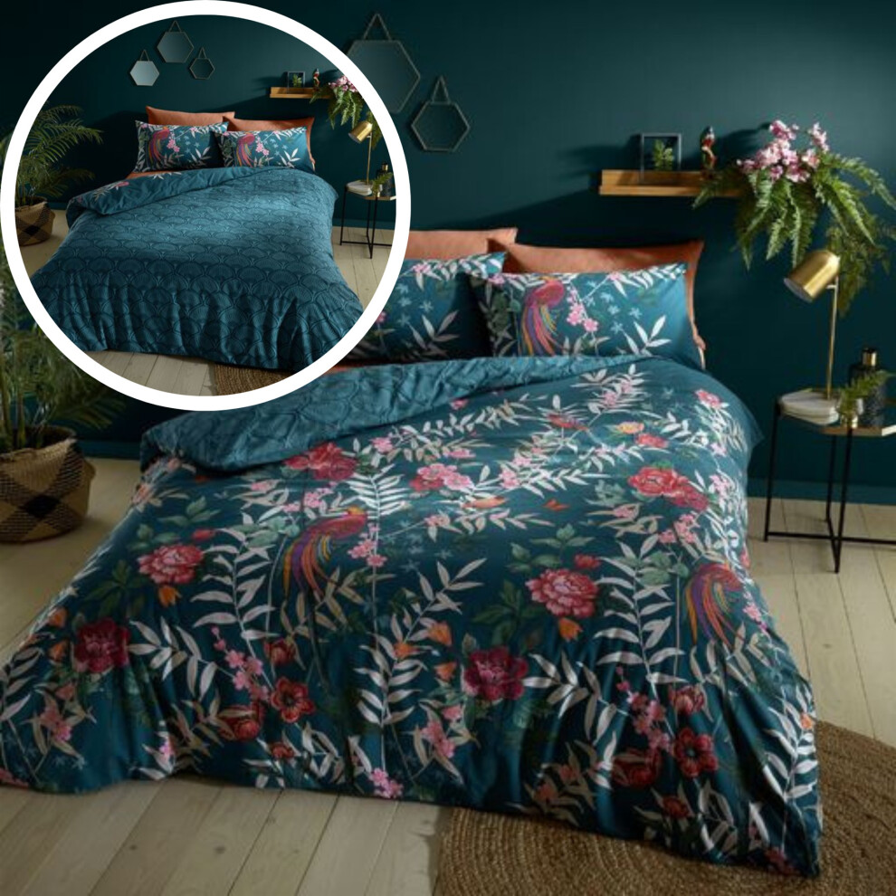 Catherine Lansfield (Single) Tropical Floral Birds Duvet Cover Bedding Bed Set Reversible