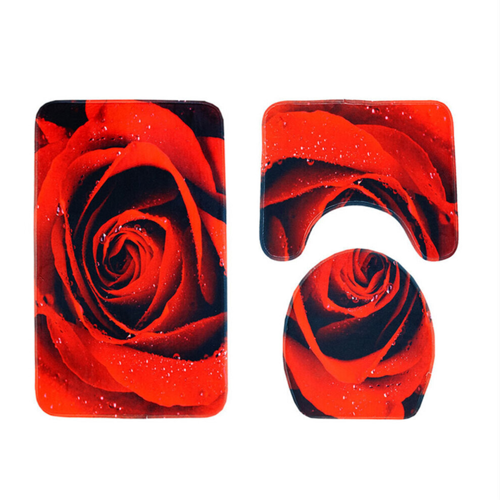 (4) 3pcs 3D Rose Bathroom Floor Mat Set Anti Slip Rug, Shower Bath Mat ,Toilet Lid Cover